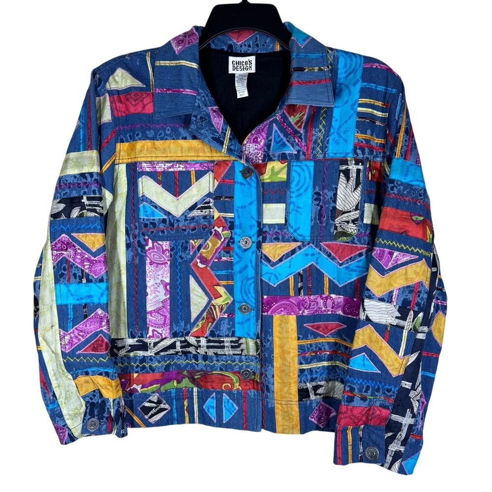 Chico's Design Vintage Silk Patchwork Colorful Jacket Women's Large Artsy Unique
